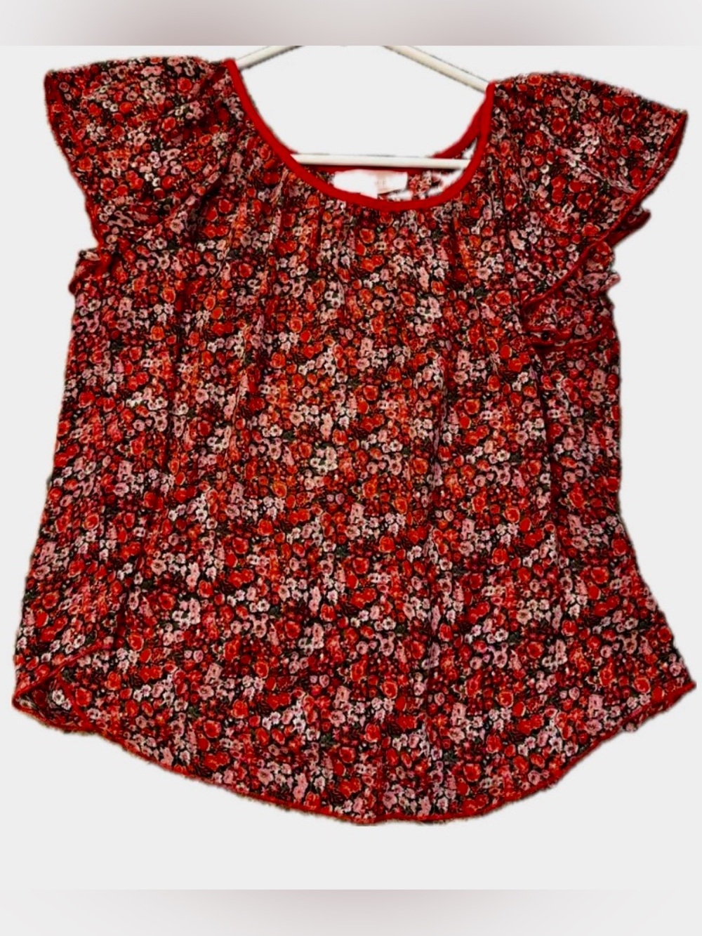 Philosophy Red Ditsy Floral Flutter Sleeve Blouse Top XS